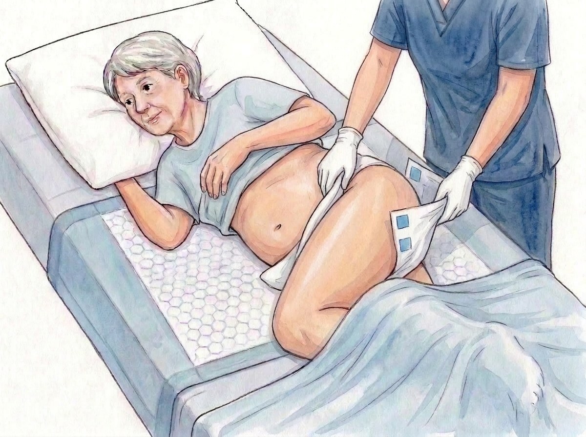 6. El nuevo medio enrollado: la parte trasera plana contra la espalda y las nalgas, cintas hacia arriba, la mitad enrollada bajo la cadera